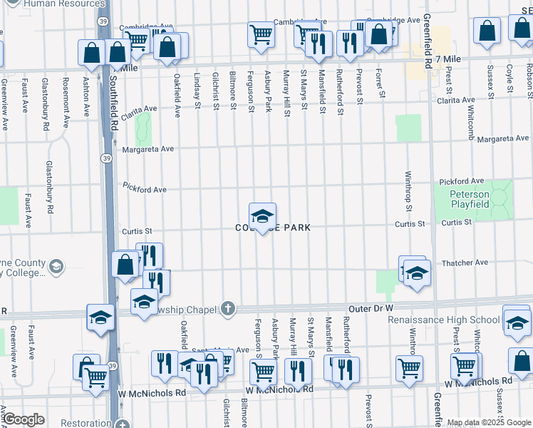 map of restaurants, bars, coffee shops, grocery stores, and more near 18237 Asbury Park in Detroit