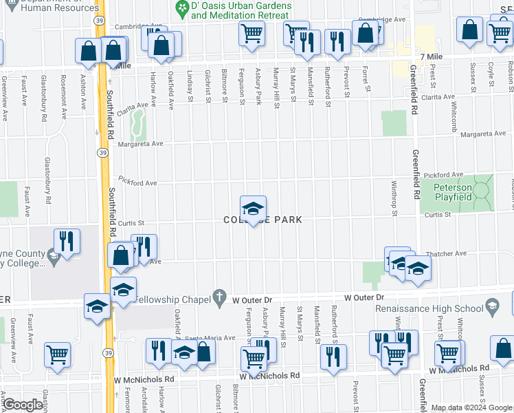 map of restaurants, bars, coffee shops, grocery stores, and more near 18237 Asbury Park in Detroit
