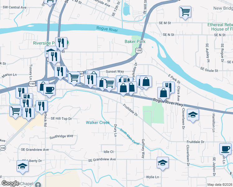 map of restaurants, bars, coffee shops, grocery stores, and more near 870 Fruitdale Drive in Grants Pass