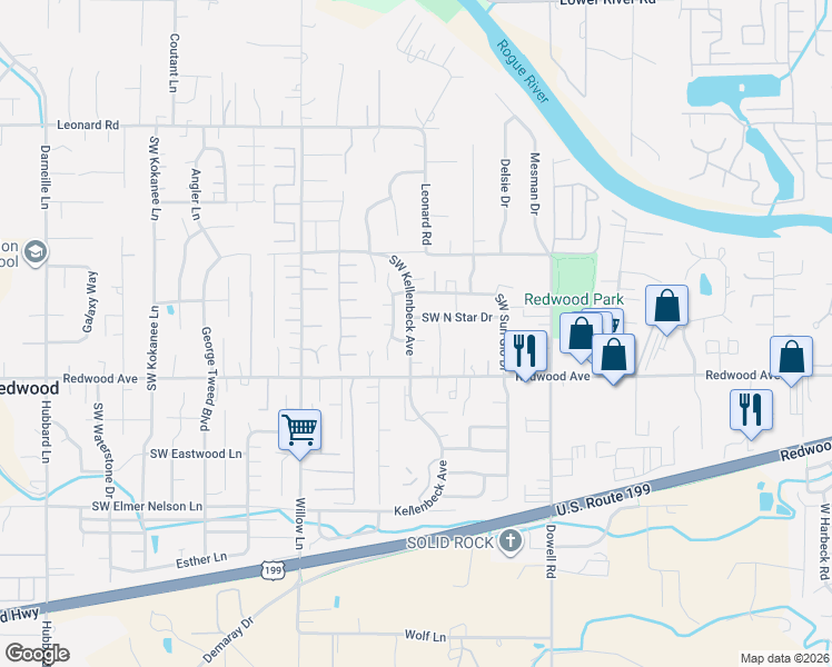 map of restaurants, bars, coffee shops, grocery stores, and more near 1459 Southwest Kellenbeck Avenue in Grants Pass