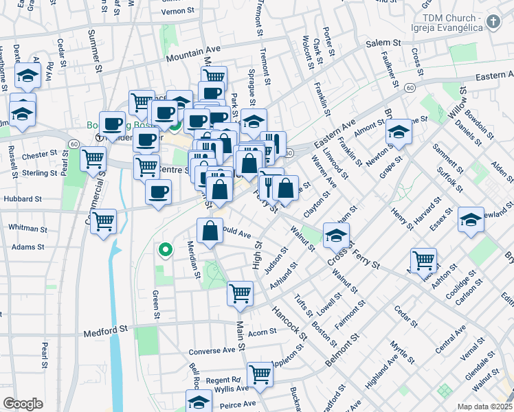 map of restaurants, bars, coffee shops, grocery stores, and more near 56 Hillside Avenue in Malden