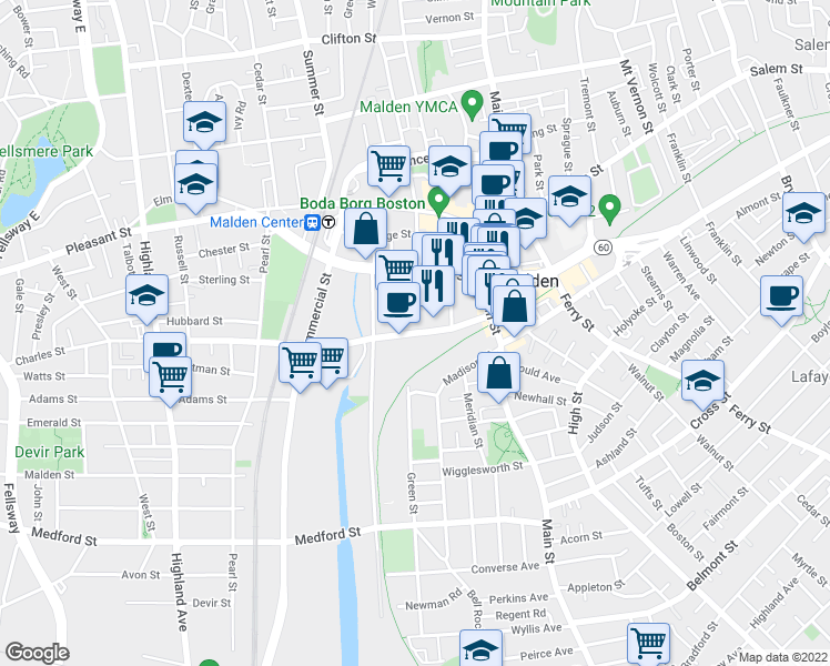 map of restaurants, bars, coffee shops, grocery stores, and more near 66 Charles Street in Malden