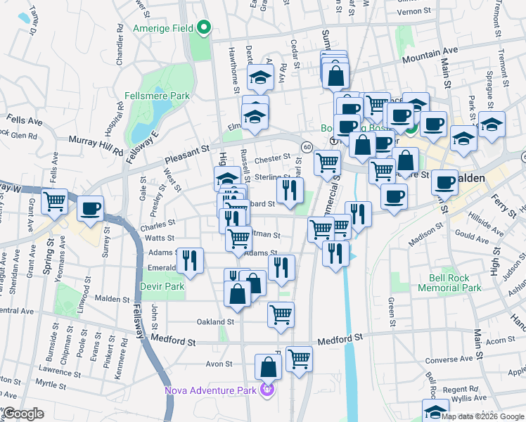 map of restaurants, bars, coffee shops, grocery stores, and more near 108-110 Russell Street in Malden