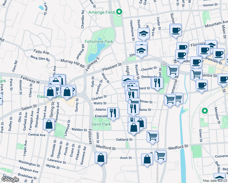map of restaurants, bars, coffee shops, grocery stores, and more near 7 Townsend Street in Malden