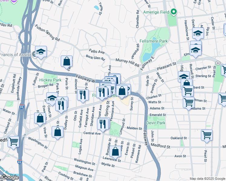 map of restaurants, bars, coffee shops, grocery stores, and more near 463 Salem Street in Medford