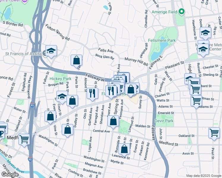 map of restaurants, bars, coffee shops, grocery stores, and more near 163 Grant Avenue in Medford