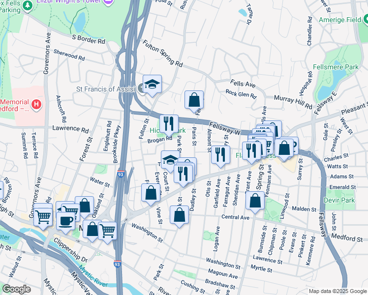 map of restaurants, bars, coffee shops, grocery stores, and more near 259 Park Street in Medford