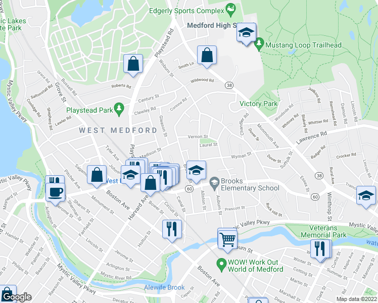 map of restaurants, bars, coffee shops, grocery stores, and more near 39 Brooks Street in Medford