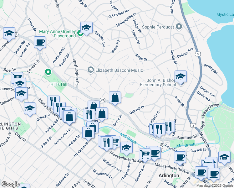 map of restaurants, bars, coffee shops, grocery stores, and more near 1 Symmes Road in Arlington