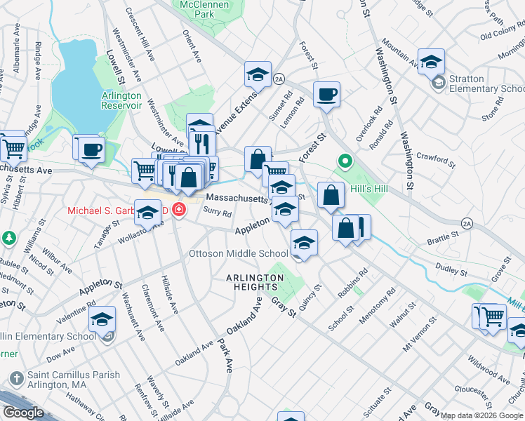 map of restaurants, bars, coffee shops, grocery stores, and more near 2 Harvard Street in Arlington