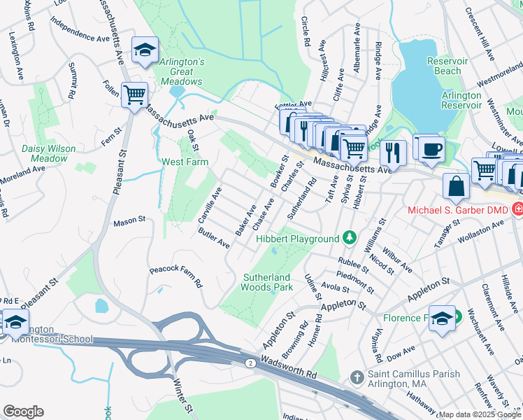 map of restaurants, bars, coffee shops, grocery stores, and more near 28 Chase Avenue in Lexington