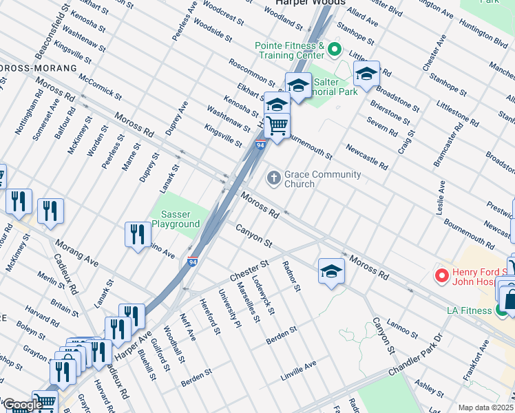 map of restaurants, bars, coffee shops, grocery stores, and more near 18942 Rockcastle Street in Grosse Pointe