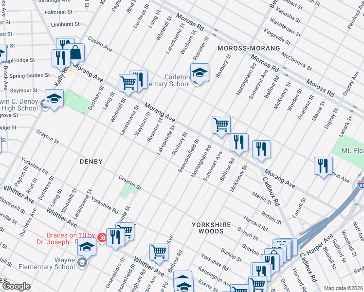 map of restaurants, bars, coffee shops, grocery stores, and more near 11157 Beaconsfield Street in Detroit