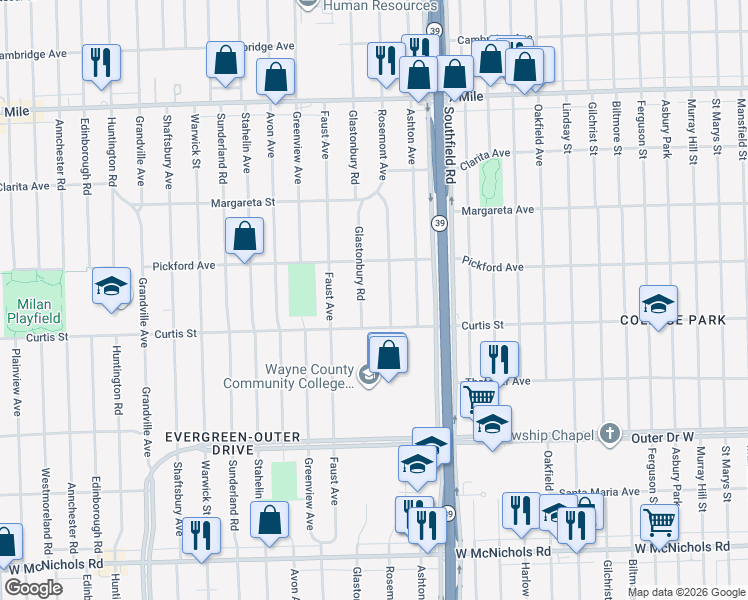 map of restaurants, bars, coffee shops, grocery stores, and more near 18300 Curtis Street in Detroit