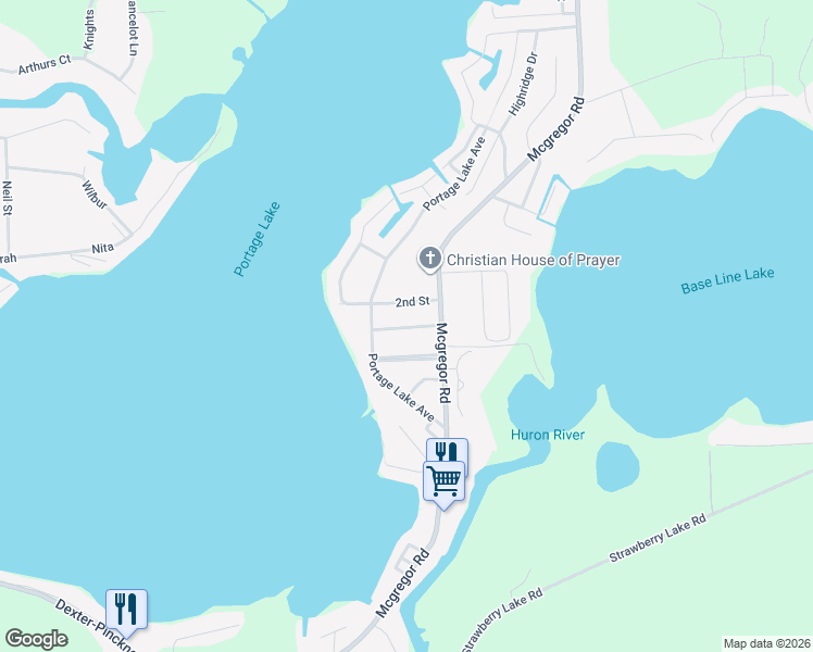 map of restaurants, bars, coffee shops, grocery stores, and more near 8570 Portage Lake Boulevard in Pinckney