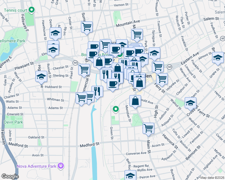map of restaurants, bars, coffee shops, grocery stores, and more near 66 Charles Street in Malden