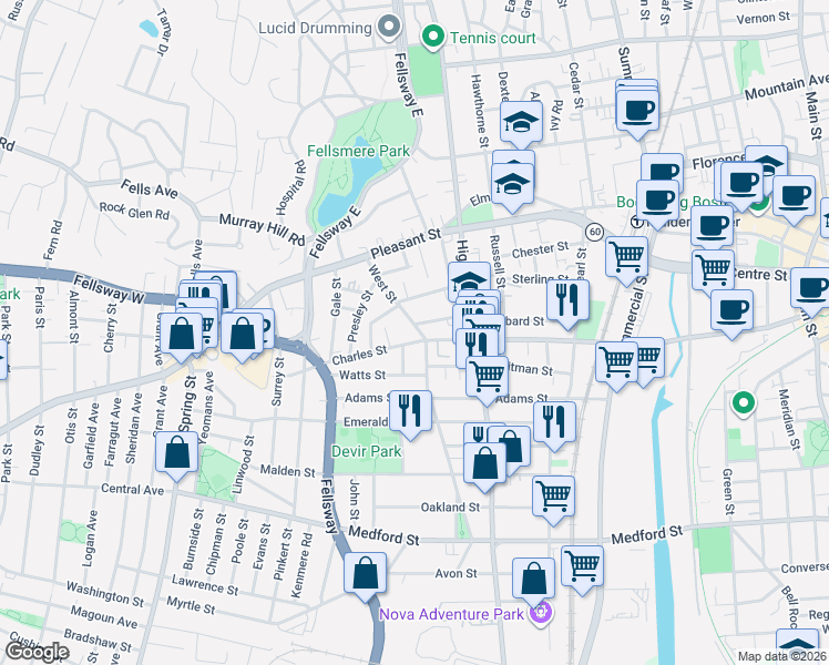 map of restaurants, bars, coffee shops, grocery stores, and more near 7 Townsend Street in Malden