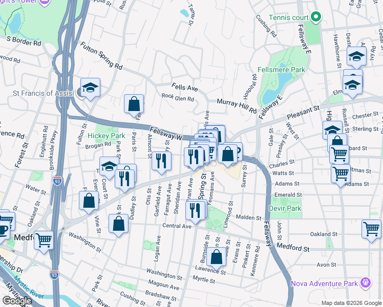 map of restaurants, bars, coffee shops, grocery stores, and more near 163 Grant Avenue in Medford