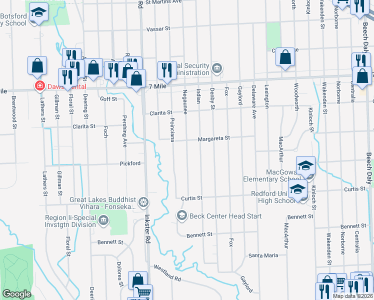 map of restaurants, bars, coffee shops, grocery stores, and more near 18441 Negaunee in Redford Charter Township