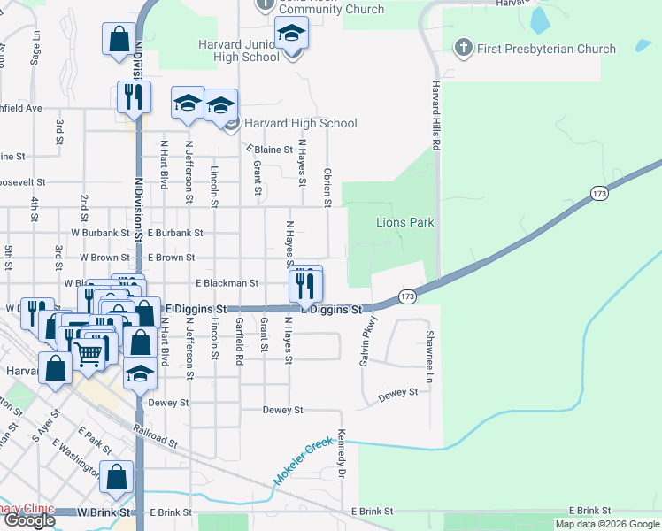 map of restaurants, bars, coffee shops, grocery stores, and more near 811 East Brown Street in Harvard