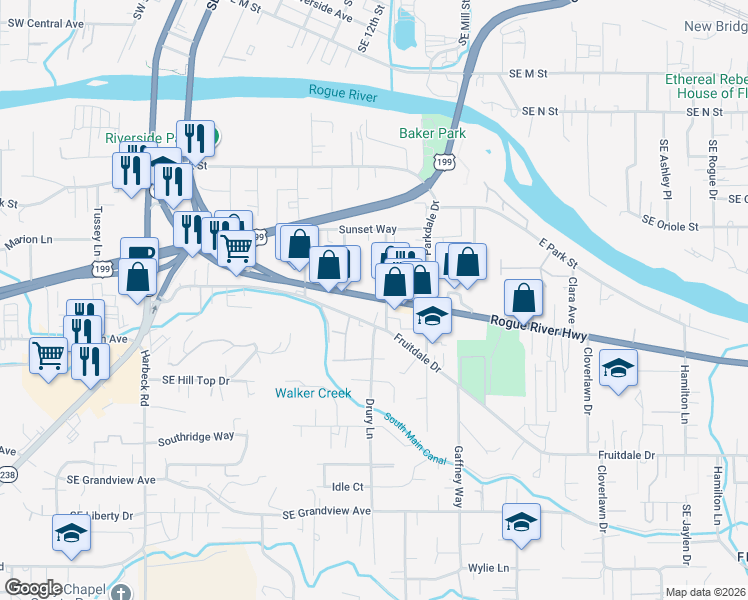 map of restaurants, bars, coffee shops, grocery stores, and more near 870 Fruitdale Drive in Grants Pass