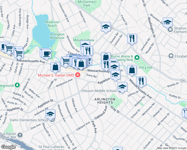 map of restaurants, bars, coffee shops, grocery stores, and more near 13 Surry Road in Arlington