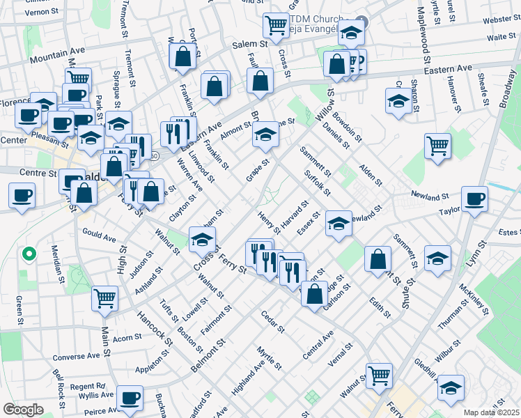 map of restaurants, bars, coffee shops, grocery stores, and more near 259 Cross Street in Malden