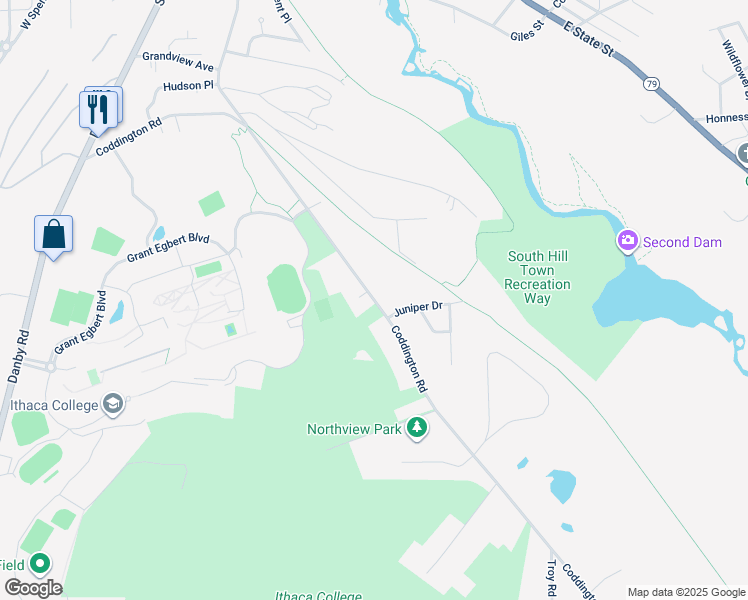 map of restaurants, bars, coffee shops, grocery stores, and more near County Road 119 in Ithaca