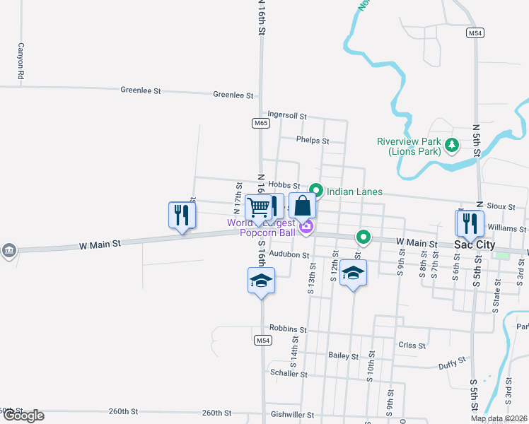 map of restaurants, bars, coffee shops, grocery stores, and more near 101-147 County Highway M65 in Sac City