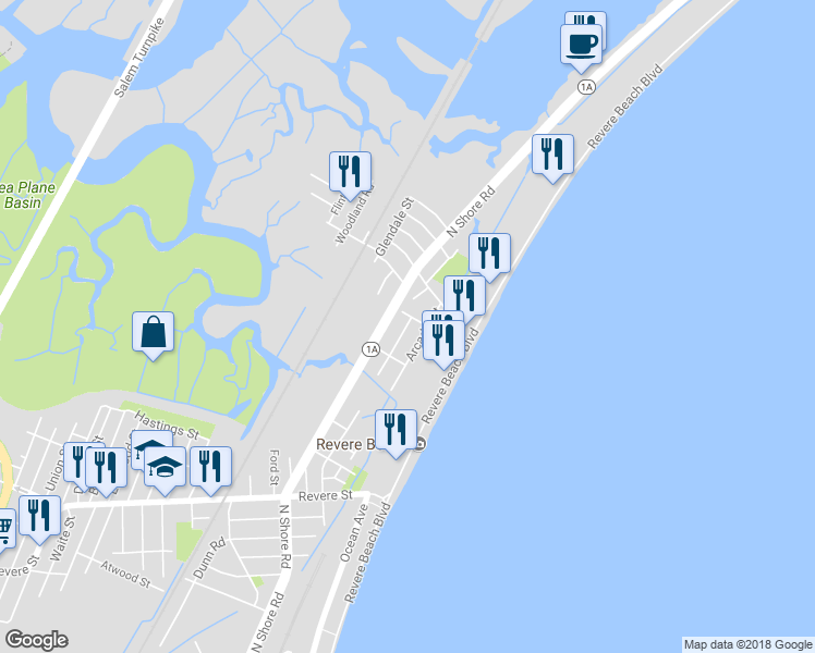 map of restaurants, bars, coffee shops, grocery stores, and more near 10 Ellerton Street in Revere