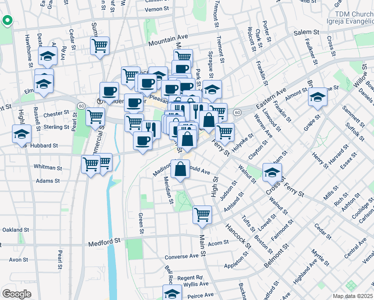 map of restaurants, bars, coffee shops, grocery stores, and more near 237 Main Street in Malden