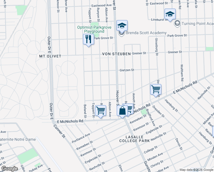 map of restaurants, bars, coffee shops, grocery stores, and more near 17353 Albion Avenue in Detroit