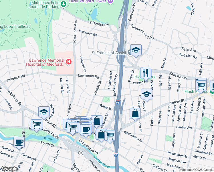 map of restaurants, bars, coffee shops, grocery stores, and more near 23 Woodrow Avenue in Medford