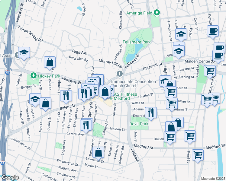 map of restaurants, bars, coffee shops, grocery stores, and more near 35 Fellsway in Medford