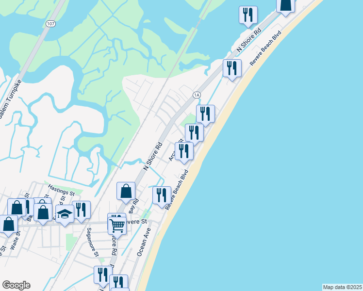 map of restaurants, bars, coffee shops, grocery stores, and more near 390 Revere Beach Boulevard in Revere