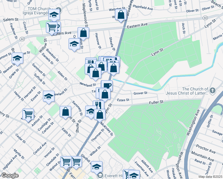 map of restaurants, bars, coffee shops, grocery stores, and more near 100 Lynn Street in Everett