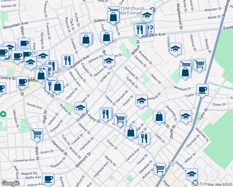 map of restaurants, bars, coffee shops, grocery stores, and more near 62 Henry Street in Malden