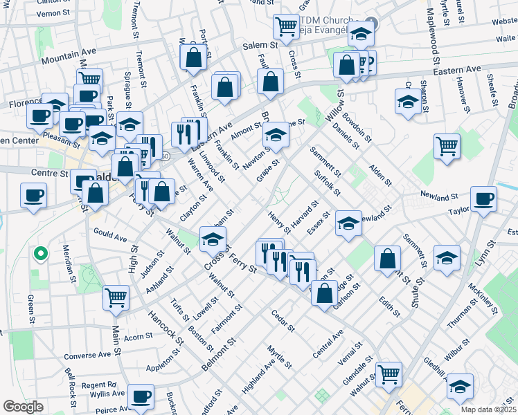 map of restaurants, bars, coffee shops, grocery stores, and more near 259 Cross Street in Malden
