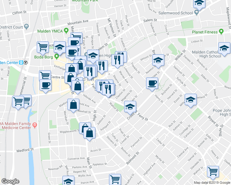 map of restaurants, bars, coffee shops, grocery stores, and more near 8 Magnolia Street in Malden