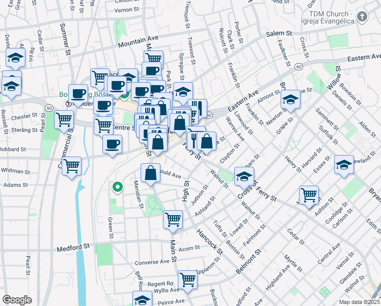 map of restaurants, bars, coffee shops, grocery stores, and more near 56 Hillside Avenue in Malden