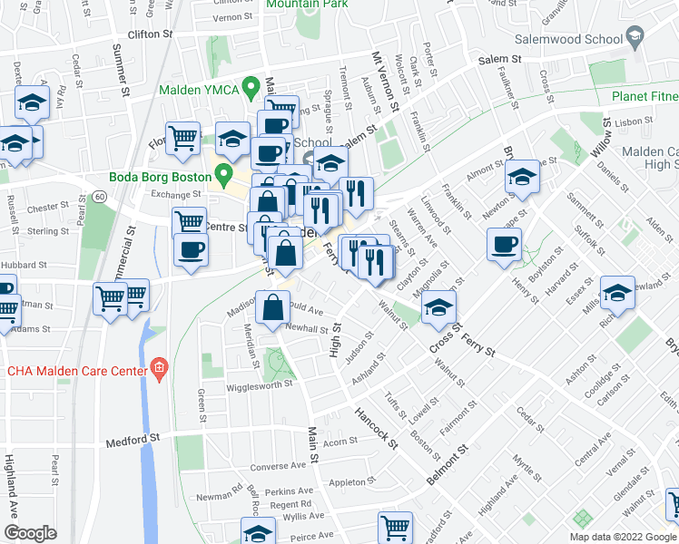 map of restaurants, bars, coffee shops, grocery stores, and more near 56 Hillside Avenue in Malden