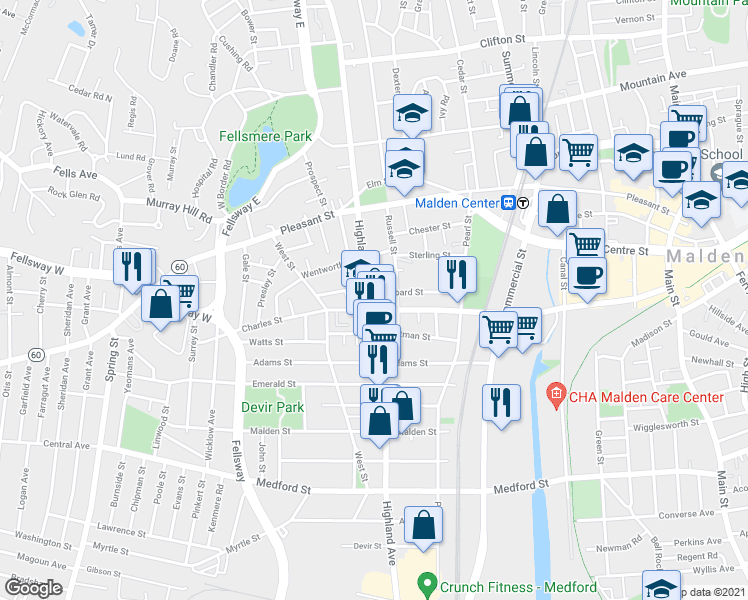 map of restaurants, bars, coffee shops, grocery stores, and more near 284 Highland Avenue in Malden