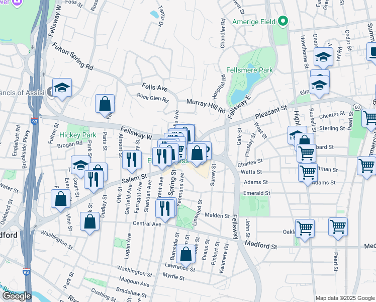 map of restaurants, bars, coffee shops, grocery stores, and more near 463 Salem Street in Medford