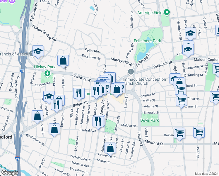 map of restaurants, bars, coffee shops, grocery stores, and more near 463 Salem Street in Medford