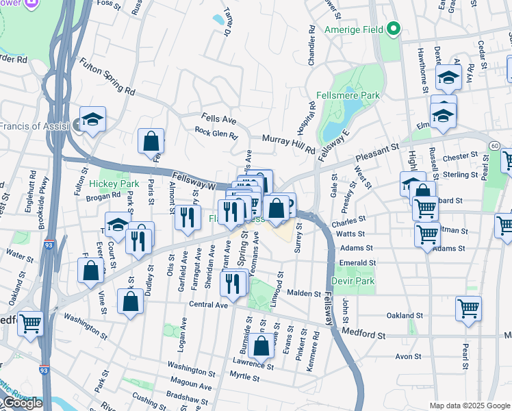 map of restaurants, bars, coffee shops, grocery stores, and more near 463 Salem Street in Medford