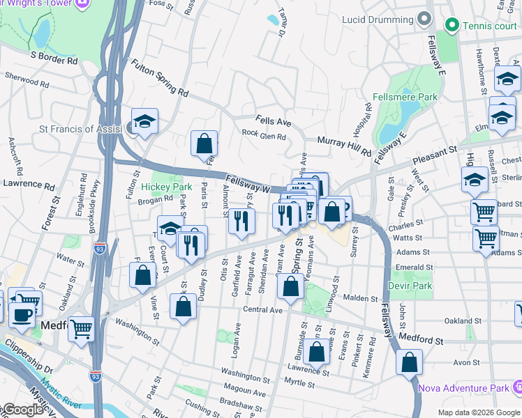 map of restaurants, bars, coffee shops, grocery stores, and more near 164 Sheridan Avenue in Medford