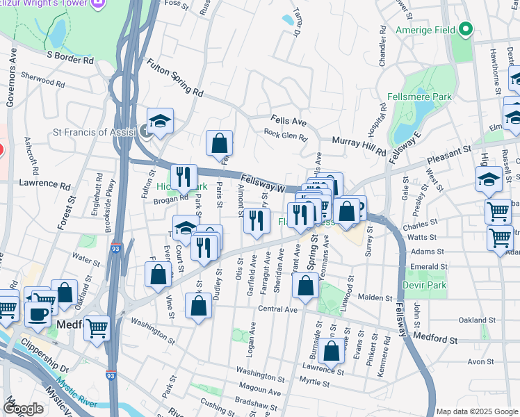 map of restaurants, bars, coffee shops, grocery stores, and more near 27 Almont Street in Medford