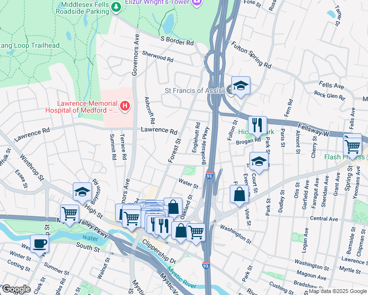 map of restaurants, bars, coffee shops, grocery stores, and more near 23 Woodrow Avenue in Medford