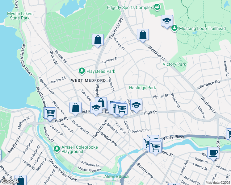 map of restaurants, bars, coffee shops, grocery stores, and more near 21 Hillcroft Park in Medford