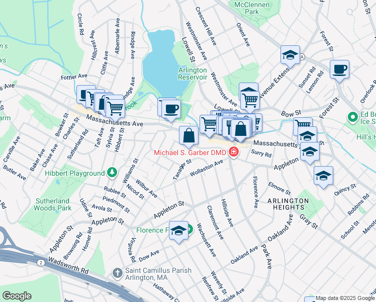map of restaurants, bars, coffee shops, grocery stores, and more near 36 Tanager Street in Arlington